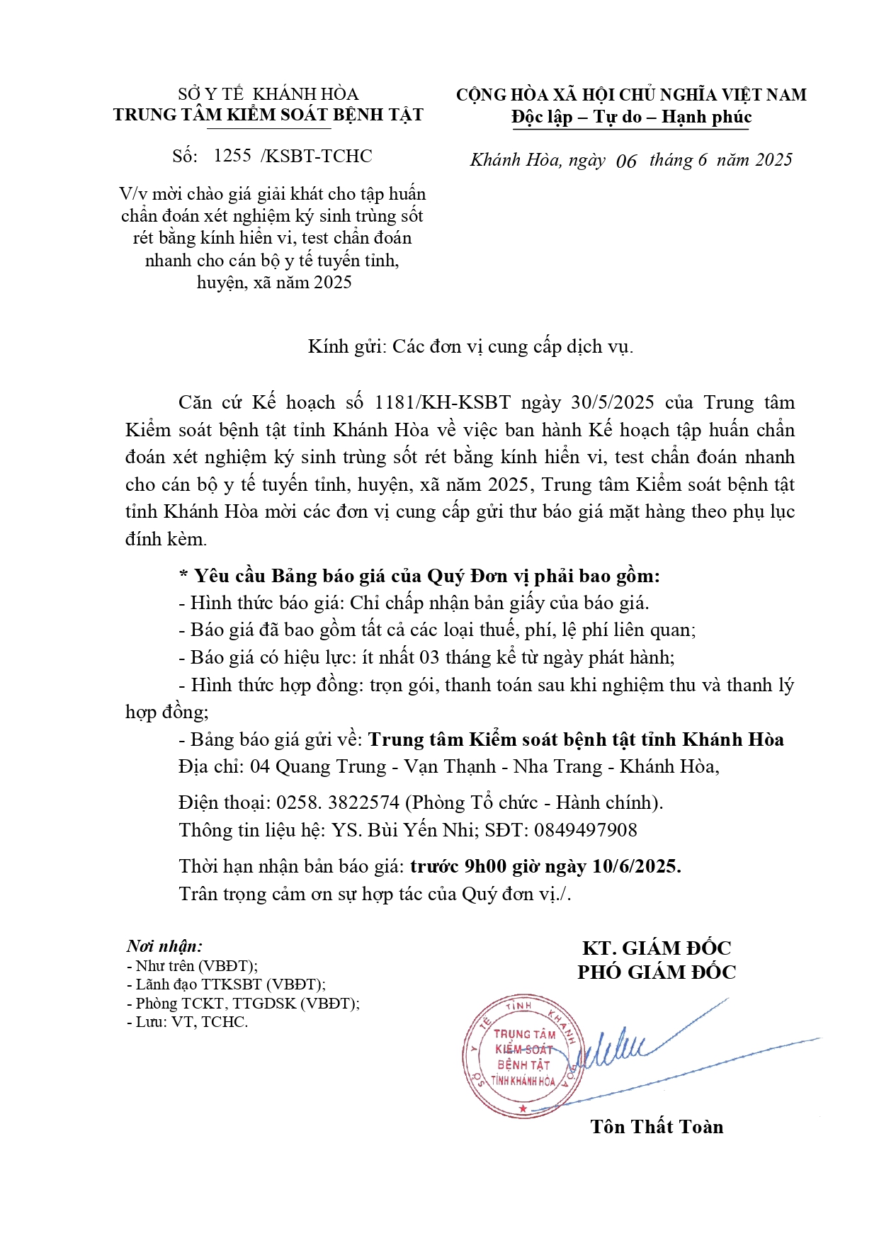V/v mời chào giá giải khát cho tập huấn chẩn đoán xét nghiệm ký sinh trùng sốt rét bằng kính hiển vi, test chẩn đoán nhanh cho cán bộ y tế tuyến tỉnh, huyện, xã năm 2025